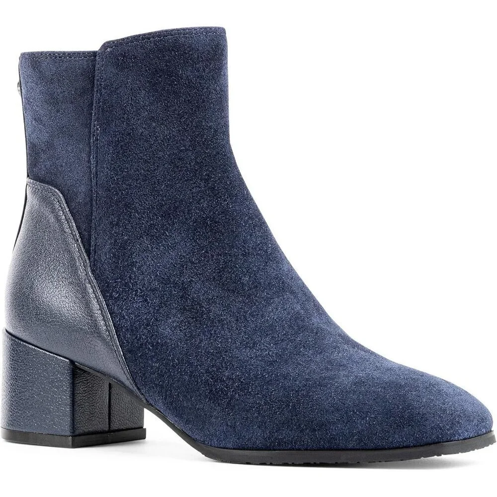 Women's Navy Kelsee Rubber Suede Ankle Block Heel Zipper Booties